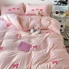 Cute Pink Bows Embroidery Duvet Cover Set, Conjuntos de cama 3D Confortável Rainha Consolador, capas macias para meninas, crianças, adolescentes