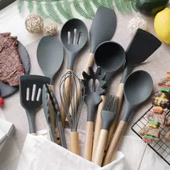 Conjunto De Panelas De Silicone Antiaderente, Utensílios De Cozinha, Espátula, Pá, Batedores De Ovo, Cabo De Madeira, Ferramenta De Cozinha, Utensílios De Cozinha, 12Pcs na internet