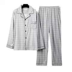 Conjunto de pijama de seda leite confortável masculino, loungewear elegante, estampa xadrez listrada, lapela combinando cores, pijama longo de peito único, outono e inverno - loja online