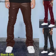 Calça de couro confortável de cintura média masculina, calça casual hip-hop, roupas soltas e confortáveis, moda nova, 2024