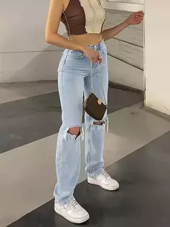 Denim feminino, calças retas rasgadas, cintura alta, ajuste fino, todos os fósforos, elástico, venda quente, novo, 2024 - comprar online