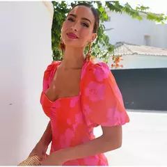 Vestido feminino com estampa floral sem costas Mini vestido, elegante com gola quadrada, Puff mangas curtas, vestido fino, Lady Chic Party Dresses, Sexy, 2024 - comprar online