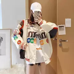 Sobretudos bordados para mulheres, uniforme de beisebol, jaqueta solta, casacos vintage, estampa de motocicleta, moda, outono e inverno