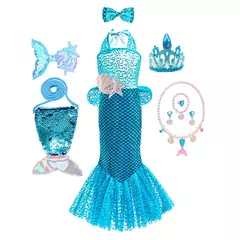 Meninas roxo-azul sereia ariel cosplay vestido de halloween vestido de festa de aniversário meninas praia vestido de férias