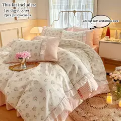 Conjunto de cama coreano para meninas, capa de edredão floral fronha de linho, lençol plano, gêmeo, solteiro, queen size, 3 peças