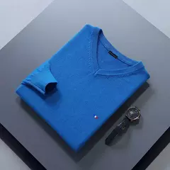 Camisola de cashmere manga comprida masculina com decote em v, pulôveres masculinos padrão, saltadores de tricô, roupas monocromáticas, venda quente