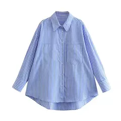 Zevity-Camisa Feminina Solta com Estampa Listrada Branca e Azul, Bolso Duplo, Blusa de Blusa Patch, Tops Chiques, Senhora do Escritório, Moda, LS3468