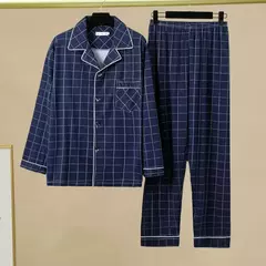 Imagem do Conjunto de pijama de seda leite confortável masculino, loungewear elegante, estampa xadrez listrada, lapela combinando cores, pijama longo de peito único, outono e inverno
