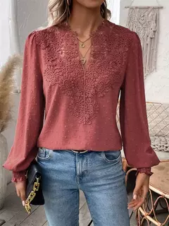 Elegante oco out camisa de renda feminina, pulôver profundo com decote V, blusa monocromática, jacquard lanterna manga longa tops, feminino - Wolf Magazine