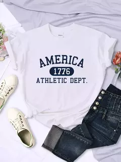 América 1776 Athletic Dept Letter T-Shirt Feminino Esporte Casual Top Colheita Cool Hip Hop T Shirt Macio Respirável T Shirt Mulheres - comprar online