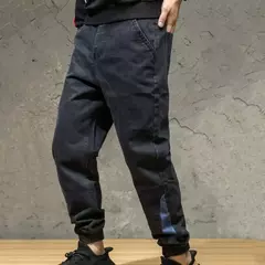 Calças jeans soltas para homens, calças harém, cor sólida, cintura de cordão - loja online