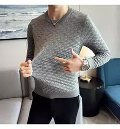 Outono inverno estiramento jacquard tecido o-pescoço camisola waffle masculina ajuste fino manga longa pullovers de malha casual streetwear homme na internet
