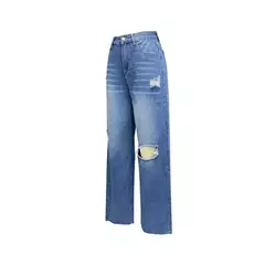 Imagem do Joelho feminino quebrado buracos jeans reto, calça jeans de cintura alta, feminina solta de perna larga, confortável, moda casual, tendência