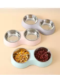 Tigela dupla de comida para animais de estimação, aço inoxidável, aparelho para bebidas, comida para cães, filhote de cachorro, suprimentos de alimentação, gatinho, acessórios de água