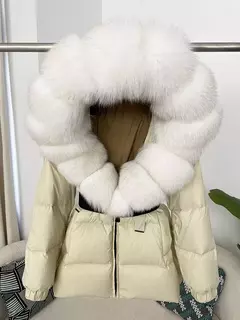 Oftbuy 2024 jaqueta de inverno feminina gola de pele de raposa natural real com capuz grosso quente 90% pato branco para baixo casaco feminino streetwear casual - Wolf Magazine