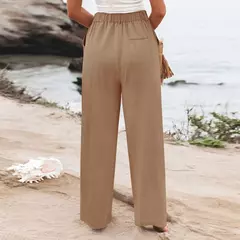 Calça larga de linho de algodão feminina, comprimento total, casual, monocromática, solta, cintura alta, reto, botão, verão - comprar online