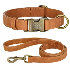 Imagem do Coleira e coleira para cães personalizados, conjunto de coleira de couro pu com corda de chumbo, fivela de identificação gravada personalizada para cães pequenos e grandes
