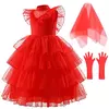 Beetlejuice traje de halloween para meninas vestido de casamento vermelho vitoriano com luvas assustador elegante roupa cosplay