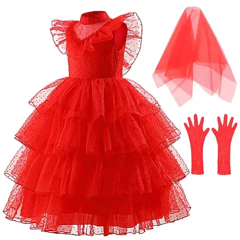 Beetlejuice traje de halloween para meninas vestido de casamento vermelho vitoriano com luvas assustador elegante roupa cosplay