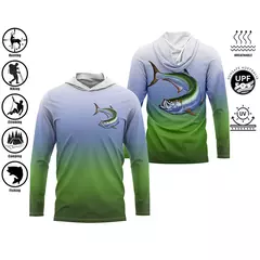 UPF 50 + proteção Uv Tops de secagem rápida, camisa de pesca com capuz respirável fina para uso ao ar livre, manga longa, camisa de impressão de desempenho