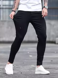 Moda masculina rua rasgado jeans preto puro estiramento apertado pequeno pé lápis calças namorado clube roupas denim ropa hombre - loja online