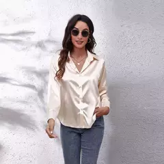 Blusa feminina de cetim manga longa, camisa cetim, tops de seda, vestuário europeu e americano, novo - comprar online