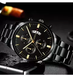 Imagem do Relógio de pulso de quartzo para homens, Relógios pretos com calendário, Relógio de negócios, Moda luxuosa