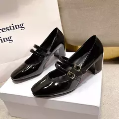 Sapatos Mary Janes de fivela dupla feminina, couro envernizado, cabeça quadrada, salto quadrado, cor sólida, primavera, outono, 2022 - loja online