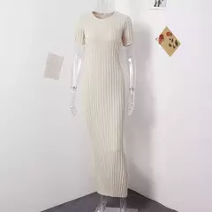 Imagem do Vestido longo de malha monocromática feminino, manga curta, vestido feminino plissado, gola em O, quadril, primavera, moda verão, feminino, 2022