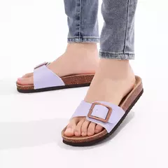 Imagem do Evshine-chinelos planos femininos, novo design, tamancos, mulas femininas, chinelos de cortiça na moda, fivela ajustável, verão, 2024