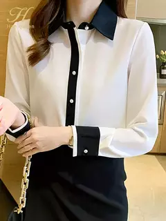 Imagem do H Han Queen-blusa feminina de escritório com fivela de pérola, camisa manga comprida, tops casuais soltos, cor de contraste, feminino, outono