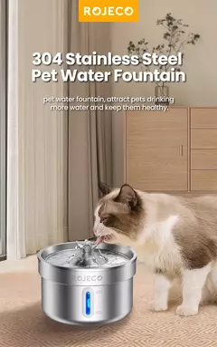 Rojeeco bebedouro de aço inoxidável para animais de estimação, fonte automática de água para gatos, dispensador inteligente de água para cães e gatos