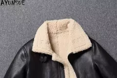 AYUNSUE-Jaqueta bomber de couro genuíno masculina, casacos pretos, roupas grandes, pele de carneiro natural, inverno - comprar online