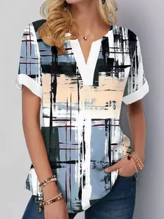 Blusas de manga curta com decote em v para mulheres, camisas casuais estampadas para senhoras, tops chiques básicos, moda verão - comprar online
