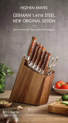 Imagem do HEZHEN-Aço e Madeira Red Handle Kitchen Knife Set, Tesoura Titular, Nitidez Rod, Acessórios, 1.4116 Aço, 8 PCs