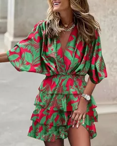 Vestido feminino com decote em v, manga Batwing, babado elegante com renda, mini vestidos de praia, streetwear casual, moda solta, outono, 2024 - loja online