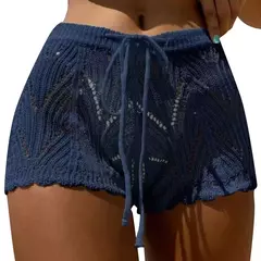 Maiô de malha de crochê para mulheres, cobertura inferior sólida, maiô, calções de praia com cordão, calções de banho verão