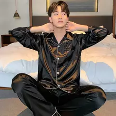 Pijama de seda de manga comprida com lapela masculino, versão coreana da cor sólida, roupa casual para a casa, cardigã - Wolf Magazine