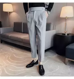 Calça formal de botão de cintura alta estilo britânico masculina, terno casual empresarial, calça de escritório, monocromática, alta qualidade, nova, primavera na internet
