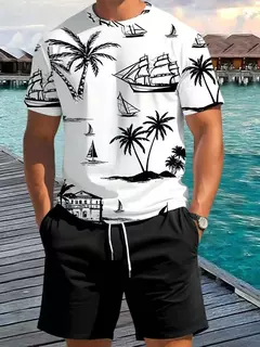Camiseta de praia havaiana masculina, conjunto de 2 peças, manga curta, estampa palmeira, decote em O, moda exterior, casual, verão - comprar online