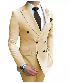 2024 novo terno masculino bege 2 peças duplo breasted notch lapela plana fino ajuste casual smoking para casamento (blazer + calças) - comprar online
