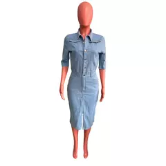 Vestido feminino de comprimento médio com botões elásticos, saia jeans, saia de quadril, manga curta, tendência, outono
