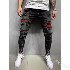 Calças jeans skinny rasgadas elásticas masculinas, bordado branco, algodão, hip hop, buraco negro, slim fit, calças jeans grandes, alta qualidade na internet