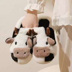 Imagem do Chinelos de pelúcia quente de vaca unisex dos desenhos animados, Mula interna antiderrapante de casal, Sapatos de algodão, Toe Wrap, Novo, Inverno