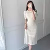 Vestido de malha de manga curta feminino, seda gelada, branco, oco Fashion, Celebridade Linha A, Verão, Novo, 2024