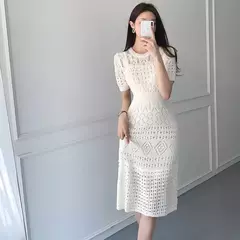 Vestido de malha de manga curta feminino, seda gelada, branco, oco Fashion, Celebridade Linha A, Verão, Novo, 2024 na internet