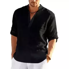Camiseta de linho manga comprida masculina, monocromática, solta, casual, respirável, camisas de algodão, streetwear leve, designer, nova - loja online