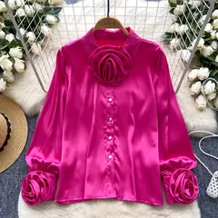 Elegante cetim tridimensional flor manga longa lapela blusa chique vintage moda colheita topo feminino camisas de outono roupas
