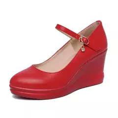 sapato de couro de alta qualidade para mulheres 7cm de cunha plataforma de salto alto dedo do pé redondo 32 33 42 43 elegante e sapato de moda branco vermelho preto - comprar online