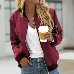 Jaqueta bomber fina feminina, manga comprida, casaco fino, corta-vento casual, gola alta, jaqueta com zíper, monocromática, moda outono - Wolf Magazine